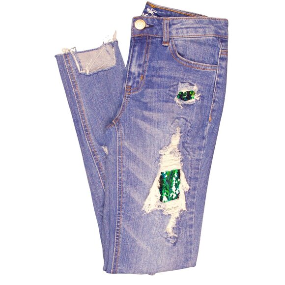 Almost Famous Mid Rise Distressed Sequin PatchSkinny Jeans –Size 0 - Picture 6 of 8